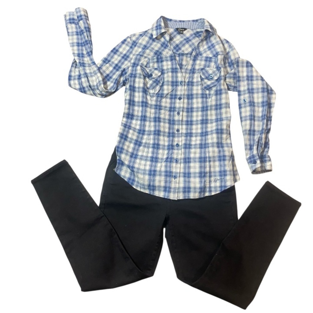 Guess Women's Blue Plaid Shirt XL & Black Skinny Jeans Set